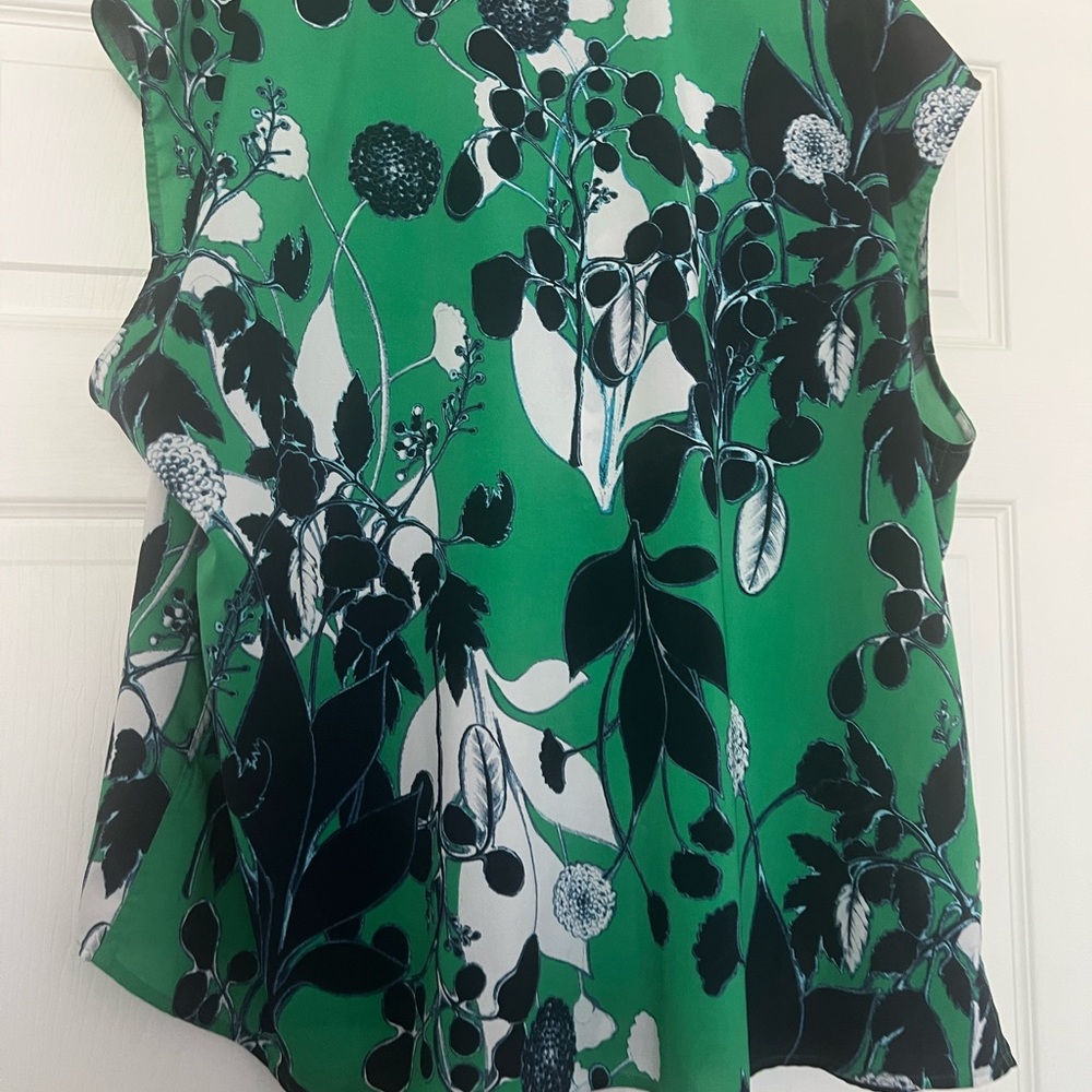 Coldwster Creek Green and Navy Floral Button Down Sleeveless Shirt. - Picture 2 of 7
